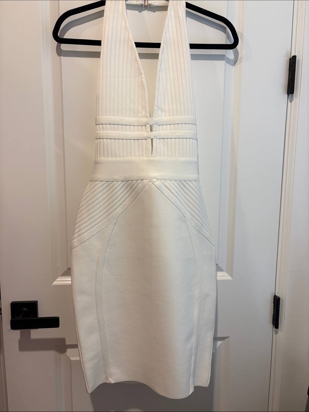 Commense Ivory Backless Halter Ribbed Midi Dress